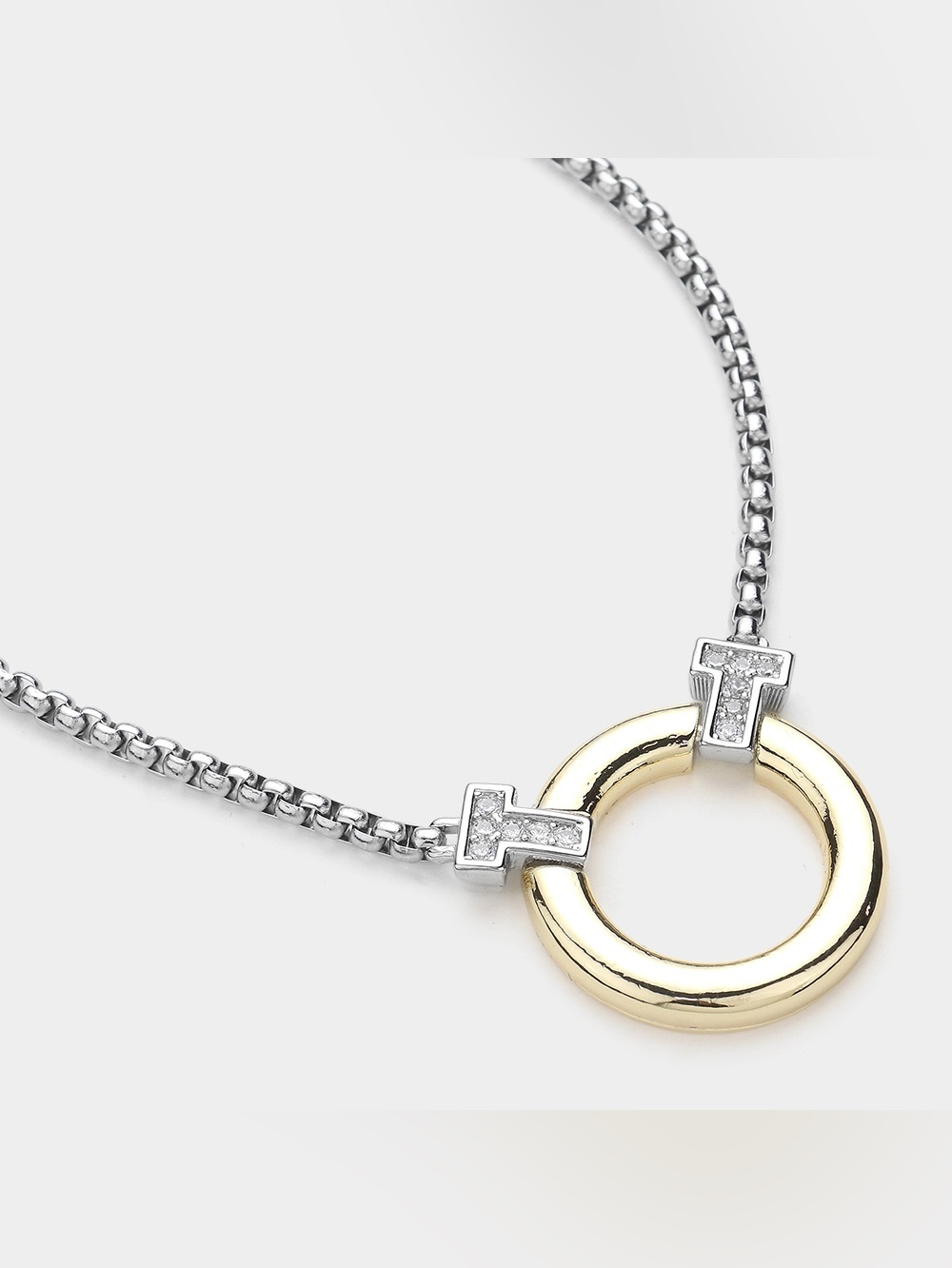 14K Gold Plated Two Tone CZ Stone Paved Pointed Circle Pendant Necklace
